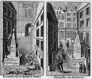 पेरिस में शीतकालीन पिरामिड 1784। १७८६ के पंचांग "ला पिरामिड डे नीगे" में प्रकाशित दो प्रिंटों की फैक्स उपमा (Fac-simile)। 16 मार्च की "" प्रकृति: विज्ञान और कला और उद्योग के लिए उनके अनुप्रयोगों की समीक्षा "" में उत्कीर्णन द्वारा अज्ञात कलाकार