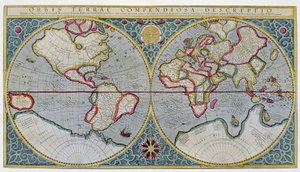 मर्केटर का विश्व मानचित्र (1587) - "जेरार्डी मर्केटर एटलस सिव कॉस्मोग्राफ़ी मेडिटेशन डे फ़ैब्रिका मुंडी एट फ़ैब्रेटी फिगुरा" के बाद, एम्स्टर्डम द्वारा अज्ञात कलाकार