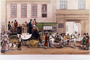 1831 में ऑक्सफोर्ड में स्टार होटल के सामने एक डिलिजेंस"""19वीं शताब्दी की नक्काशी। द्वारा अज्ञात कलाकार