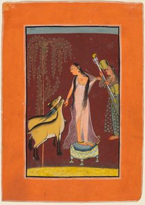 एक महिला, एक परिचारिका और एक जोड़ा हिरण: संभवतः दीपक की गूजरी रागिनी, एक पहाड़ी रागमाला से द्वारा अज्ञात कलाकार