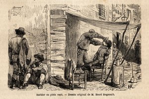 रोम की गलियों में हवा में एक नाई। 1864-1868 में फ्रांसिस वे द्वारा रोम की यात्रा को चित्रित करने के लिए उत्कीर्णन, एडौर्ड चार्टन के निर्देशन में "ले टूर डू मोंडे, नोव्यू जर्नल डेस वॉयेज" में प्रकाशित हुआ। द्वारा अज्ञात कलाकार