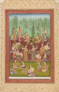 एक बगीचे में महिलाओं का एक समूह संगीत और नृत्य से अपना मनोरंजन कर रहा है द्वारा अज्ञात कलाकार