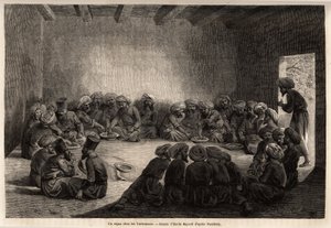 तुर्कमेन्स (इराक) में भोजन। 1863 में मध्य एशिया की यात्रा को चित्रित करने के लिए एमिल बेयार्ड (1837-1891) द्वारा चित्रण, अर्मिनियस वाम्बरी (दरवेश में हंगेरियन वैज्ञानिक भेस) द्वारा। एडौर्ड चार्टन द्वारा संपादित "" ले टूर डू मोंडे "" में द्वारा अज्ञात कलाकार