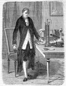 एलेसेंड्रो (अलेक्जेंड्रे) वोल्टा ने 1799 में इलेक्ट्रो-मोटर या इलेक्ट्रिक बैटरी का निर्माण किया - उत्कीर्णन द्वारा अज्ञात कलाकार