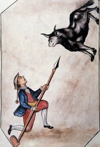 ट्रुजिलो के बिशप (1782-1785) बाल्टाजार मार्टिनेज कॉम्पैनोन वाई बुजांडा द्वारा "ट्रूजिलो डेल पेरू" या "कोडिस मार्टिनेज कॉम्पैनोन" पुस्तक से अपने भाले से एक बैल की ओर इशारा करते हुए एक भारतीय द्वारा अज्ञात कलाकार