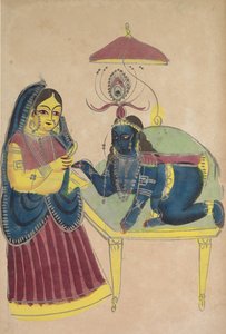 बालक कृष्ण यशोदा से माखन मांगते हुए द्वारा अज्ञात कलाकार