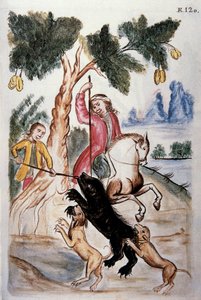 ट्रुजिलो के बिशप (1782-1785) बाल्टाज़ार मार्टिनेज कॉम्पैनोन वाई बुजांडा द्वारा "ट्रूजिलो डेल पेरू" या "कोडिस मार्टिनेज कॉम्पैनोन" पुस्तक से भालू का शिकार। द्वारा अज्ञात कलाकार