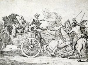 गाड़ी पर सवार यात्रियों पर हमला करते लुटेरे। एक 18वीं सदी के गुमनाम द्वारा उत्कीर्णन। द्वारा अज्ञात कलाकार