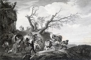 एक देश की सड़क पर यात्रियों पर हमला करने वाले लुटेरे। एक १८वीं सदी के गुमनाम का उत्कीर्णन। द्वारा अज्ञात कलाकार