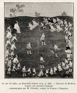 बर्मी फुटबॉल या बॉल गेम। क्राको द्वारा उत्कीर्णन "बर्मा में पंद्रह दिन" कहानी को चित्रित करने के लिए, ई. कैवाग्लियन द्वारा, 1886 में, ले टूर डू मोंडे 1892 में, एडौर्ड चार्टन द्वारा निर्देशित (1807-1891), हैचेट, पेरिस। द्वारा अज्ञात कलाकार