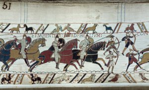 1066 में ड्यूक ऑफ नॉर्मंडी विलियम द कॉन्क्वेरेंट (1027-1087) द्वारा इंग्लैंड की विजय: हेस्टिंग्स की लड़ाई की शुरुआत बेयुक्स टेपेस्ट्री का विवरण या क्वीन मैथिल्डे की कढ़ाई द्वारा अज्ञात कलाकार
