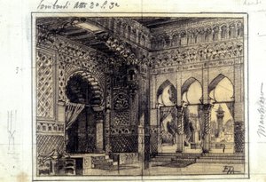 1843 में ग्यूसेप वर्डी (1813 - 1901) द्वारा रचित ओपेरा "आई लोम्बार्डी" या "द लोम्बार्ड्स एट द फर्स्ट क्रूसेड" के एक्ट II के दृश्य 3 की सजावट के लिए ड्राइंग। द्वारा अज्ञात कलाकार