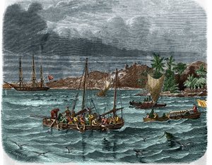 ड्यूमॉन्ट डी'उरविल (1790-1842), "" l'astrolabe"" ("कोक्विले" का नया नाम) के चालक दल के साथ फ्रांसीसी नाविक, जीन-फ्रेंकोइस गैलाप, काउंट ऑफ ला पेरोस (जीन) के जहाज के मलबे को इकट्ठा करते हुए फ्रेंकोइस लैपरहाउस द्वारा अज्ञात कलाकार