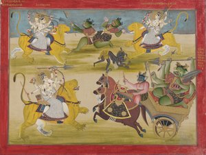 Durga fighting the rakshashas Shunga and Nishunga, from a Devi Mahatmya द्वारा अज्ञात कलाकार