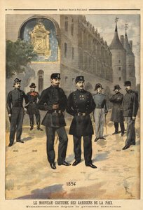 कंसीयज, पेरिस के घंटाघर के सामने 1860 से 1894 तक शांति सैनिकों (या शहर के हवलदार) की वर्दी का विकास। "" ले पेटिट जर्नल "" 09/1894 में उत्कीर्णन। सेल्वा का संग्रह। द्वारा अज्ञात कलाकार
