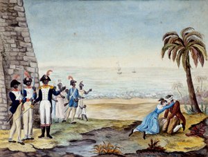 एक बसने वाले का निष्पादन: 1791 में सैंटो डोमिंगो (मध्य अमेरिका, एंटिल्स) में विद्रोह के दौरान एक बसने वाले का निष्पादन। 18 वीं शताब्दी का उत्कीर्णन। चार्ट्रेस, ललित कला संग्रहालय द्वारा अज्ञात कलाकार