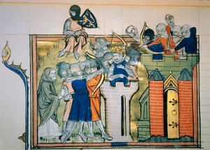 पहला धर्मयुद्ध: बोउलॉन (1058-1100) के गोडेफ्रोई (या गोडेफ्रॉय) ने एक गोल टॉवर में 1099 में यरूशलेम पर हमला किया। "" रोमन डी गोडेफ्रॉय डी बौइलन एट डी सलादीन" से लघु द्वारा अज्ञात कलाकार