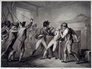 फ्रांसीसी क्रांति: 27 जुलाई 1794 (9 थर्मिडोर वर्ष II) पर रोबेस्पिएरे की गिरफ्तारी। 18 वीं शताब्दी की नक्काशी। पेरिस, मुसी कार्नावाले द्वारा अज्ञात कलाकार