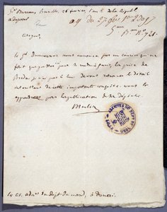फ्रांसीसी क्रांति: 26/02/1793 को एक हस्तलिखित पत्र दिनांक 26/02/1793 को जनरल डुमौरिज द्वारा 24 फरवरी को हॉलैंड के ब्रेडा शहर पर कब्जा करने के लिए मर्लिन के नाम से लिखा गया था। नॉर्ड लिली के विभागीय अभिलेखागार द्वारा अज्ञात कलाकार