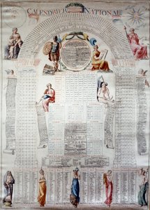 फ्रांसीसी क्रांति: राष्ट्रीय कैलेंडर की गणना 31/12/1792 से तीस वर्षों के लिए की गई। उत्कीर्णन १७९२ पेरिस, मुसी कार्नावाले द्वारा अज्ञात कलाकार