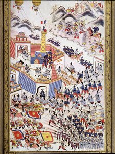 अगस्त 1884 में टोंकिन में हांग होआ के कब्जे में फ्रांसीसी बंदी गुब्बारे। द्वारा अज्ञात कलाकार