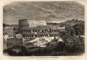 कोलिसी का सामान्य दृश्य, रोम में, फ्लेवियन एम्फीथिएटर 80 में पूरा हुआ, सम्राट टाइटस के शासनकाल में, 75,000 लोगों को समायोजित किया गया, यह 6 वीं शताब्दी तक सेवा में रहा, रोमन फोरम के पूर्व में स्थित इम्पीरियल रोम का प्रतीक, यह है द्वारा अज्ञात कलाकार