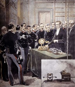 गुग्लिल्मो मार्कोनी ने 1897 में नौसेना मंत्रालय में एक सम्मेलन में वायरलेस टेलीग्राफ (TSF) प्रस्तुत किया। द्वारा अज्ञात कलाकार