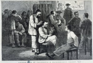 कैलिफ़ोर्निया के चीनी समुदाय में हेयर सैलून - उत्कीर्णन द्वारा अज्ञात कलाकार