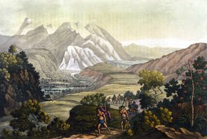 हम्बोल्ट और बोनपलैंड कैरियर कुर्सियों पर क्विंडिउ के पहाड़ को पार करते हैं। एंडीज की यात्रा से अलेक्जेंडर वॉन हंबोल्ट (अलेक्जेंड्रे डी हंबोल्ट) द्वारा अज्ञात कलाकार