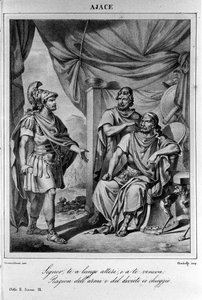 इतालवी कवि और नाटककार यूगो फोस्कोलो (1778-1827) 19वीं सदी द्वारा "" अजाक्स"" (आइएस) के अधिनियम II के दृश्य 9 के लिए चित्रण द्वारा अज्ञात कलाकार