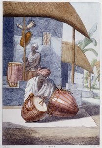 भारतीय संस्कृति, सभ्यता और समाज: पारंपरिक भारतीय ताल के साथ संगीतकार (टिकोरा)। 1808 से उत्कीर्णन। द्वारा अज्ञात कलाकार