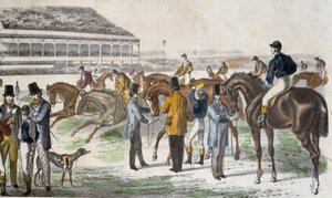 दौड़ से पहले जॉकी और उनके घोड़े - उत्कीर्णन, c. 1850 द्वारा अज्ञात कलाकार