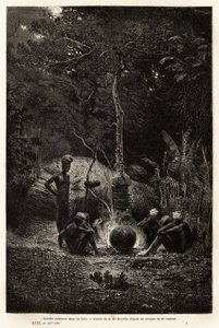 पमाले के क्षेत्र में, जंगल में खाना पकाने वाले कनक। 1863-1866 में खानों के सिविल इंजीनियर जूल्स गार्नियर द्वारा न्यू कैलेडोनिया की यात्रा को चित्रित करने के लिए उत्कीर्णन, एडौर्ड सी द्वारा संपादित "ले टूर डू मोंडे, नोव्यू जर्नल डेस वॉयेज" में प्र द्वारा अज्ञात कलाकार