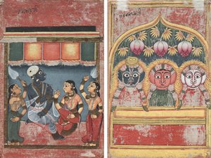 राधा और दो परिचारिकाओं के साथ कृष्ण (रेक्टो); एक मेहराब में जगन्नाथ, सुभद्रा और बलराम (पद्य) द्वारा अज्ञात कलाकार
