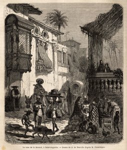 सेंट ऑगस्टीन में ला कासा डे ला मर्सिड (अब मर्सी स्ट्रीट), संयुक्त राज्य अमेरिका (संयुक्त राज्य अमेरिका) का सबसे पुराना शहर, जिसकी स्थापना 1565 में स्पेनियों द्वारा की गई थी; शहर की मुख्य सड़क, छोटी और आबादी वाला, विभिन्न जानवरों के साथ और विभिन्न अमेरिकी t द्वारा अज्ञात कलाकार