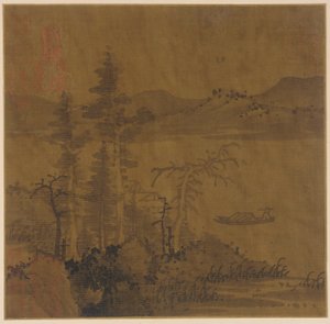 परिदृश्य: नदी और नाव, ऊंचे पेड़ और दूर की पहाड़ियाँ द्वारा अज्ञात कलाकार