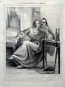 लेस ग्रैंड्स होम्स एन केमिज़ लेखक होनोर डी बाल्ज़ैक (1799-1850) का प्रतिनिधित्व करते हुए एक युवा महिला को सिगरेट पीते हुए। ई. एलेट (19वीं सदी) पेरिस, मैसन बाल्ज़ासी का चित्रण द्वारा अज्ञात कलाकार