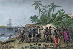बोगेनविले के लुई एंटोनी (लुई-एंटोनी), फ्रांसीसी नेविगेटर (1729-1811), ताहिती में मार्क्विस के द्वीपों को संबोधित करते हुए, 6 अप्रैल द्वारा अज्ञात कलाकार