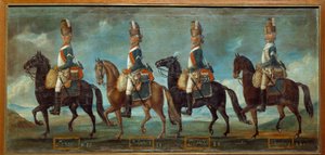 1779 के आदेश के अनुसार ड्रेगन की सैन्य वर्दी: लैनन की रेजिमेंट (एन। 20), बेल्सुन्स (एन। 21), लैंगेडोक (एन। 22), शोमबर्ग (एन। 24) 1779 की बेनामी पेंटिंग। पेरिस, मुसी डे ल'आर्मी द्वारा अज्ञात कलाकार