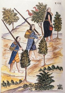 ट्रुजिलो के बिशप (1782-1785) बाल्टाजार मार्टिनेज कॉम्पैनोन वाई बुजांडा द्वारा "ट्रूजिलो डेल पेरू" या "कोडिस मार्टिनेज कॉम्पैनोन" पुस्तक से शिकार करने जा रहे मोतीलोन इंडियंस द्वारा अज्ञात कलाकार