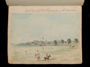 फोर्ट सेंट जॉर्ज का नॉर्थ व्यू ब्लैक टाउन का सामना कर रहा है', c.1800 (वाटरकलर) द्वारा अज्ञात कलाकार