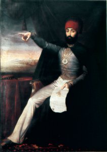 तुर्क साम्राज्य: सुल्तान महमूद II (1784-1839) का चित्र"" यह प्रतिनिधि है जो अपनी उंगली की ओर इशारा करते हुए जनिसरियों के आदेश को वध करने के आदेश का संकेत दे सकता है। अनाम तेल चित्रकला। 1808-1839 इस्तांबुल, टोपकापी सराय संग्रहालय, तुर्की द्वारा अज्ञात कलाकार
