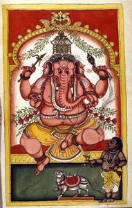 व्यापारियों, यात्रियों और चोरों के संरक्षक, हिंदू देवता गणेश (गणेश या गणपति) को दर्शाने वाला पृष्ठ। स्टीफानो निविबस कार्डेरा द्वारा पांडुलिपि (ms.८३००) "" मोगोल का इतिहास"" (मोगुल या मोघोल) से लिया गया पृष्ठ। 18 वीं सदी। बिब्लोटेका मार् द्वारा अज्ञात कलाकार