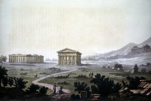 पेस्टम, वर्तमान कैपेसिओ के मंदिरों को दर्शाती पेंटिंग। द्वारा अज्ञात कलाकार
