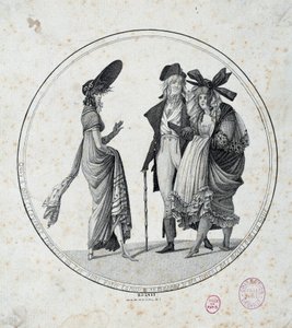 पेरिसियन फैशन: ""अद्भुत और अद्भुत"" 1795 पेरिस से उत्कीर्णन, मुसी कार्नावलेट द्वारा अज्ञात कलाकार