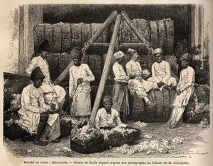 बॉम्बे कॉटन मार्केट में पारसी डीलर और व्यापारी। 1862-1864 में अल्फ्रेड ग्रैंडिडियर द्वारा भारत के मेरिडियन प्रांतों में यात्रा को चित्रित करने के लिए उत्कीर्णन, "ले टूर डू मोंडे"" 1869 में प्रकाशित, एडौर्ड चार्टन द्वारा संपादित, संस्करण हैचे द्वारा अज्ञात कलाकार