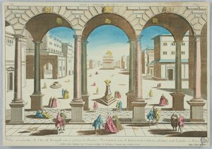 पीप-शो, आर्क डी ट्रायम्फ का परिप्रेक्ष्य दृश्य, जहां रोम में एंटनी, ऑक्टेवियन और लेपिडस की विजय के तहत उग्र निषेध हुआ, संख्या 45 द्वारा अज्ञात कलाकार