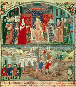 फिलिप बेल ट्रुनेंट (1268-1314) जुताई के दृश्य और व्यापारी दृश्य के साथ। गाइल्स डी रोम (व.1247-1316), पेरिस, बीएन द्वारा "" लिवर डू रेजीमे डेस प्रिंसेस "" में लघु द्वारा अज्ञात कलाकार
