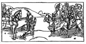 पोप लियो I अत्तिला से मिलता है और उसे रोकता है - वोरागिन (1228-1298) के जैकबस (जेम्स) द्वारा "लेबेन डेर हेइलिगेन - सोमेरटेइल" (संत की पुस्तक) से उत्कीर्णन। लुबेक 1488. द्वारा अज्ञात कलाकार