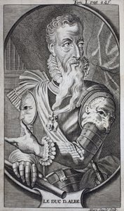 फर्डिनेंड अल्वारे डी टोलेडो (1507-1582) का पोर्ट्रेट अल्बा का तीसरा ड्यूक, स्पेन का ग्रैंड, ड्यूक ऑफ ह्यूस्कर, कोरिया का मार्क्विस, साल्वाटिएरा की गणना, नेपल्स (इटली) के वाइस किंग और नीदरलैंड्स (नीदरलैंड) के गवर्नर। चित्रण करने के लिए उत्कीर्णन "टी का द्वारा अज्ञात कलाकार